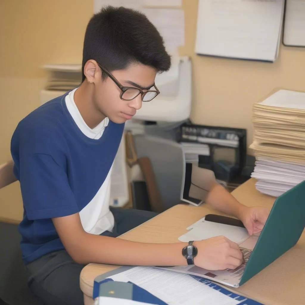 Mãos organizando documentos para solicitação de bolsa de estudos, como diplomas, certificados e cartas de recomendação.