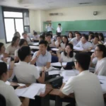 Học sinh vui vẻ trao đổi tiếng Anh trong giờ học tại Đại học Ngoại ngữ Đà Nẵng