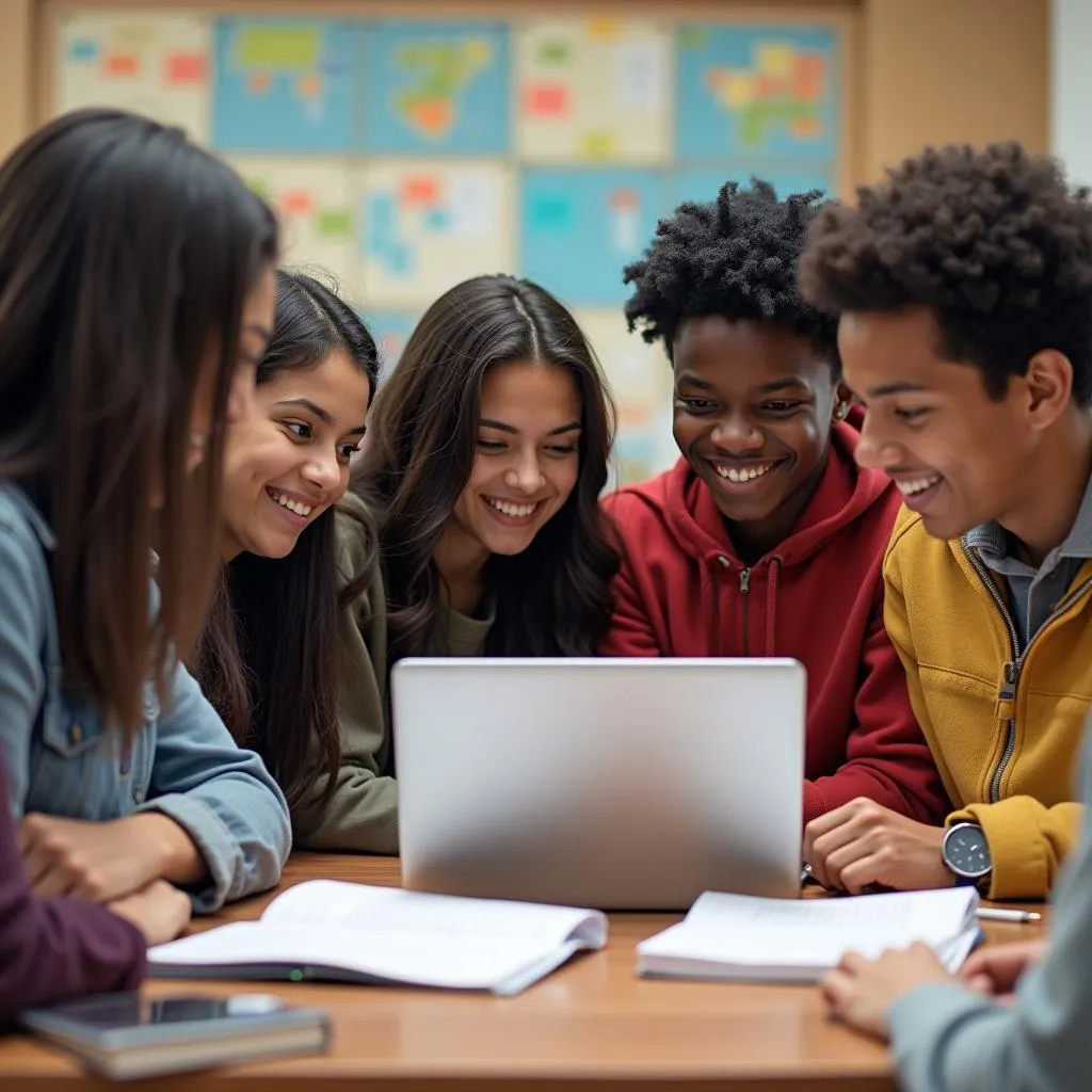 Group of students researching scholarship information