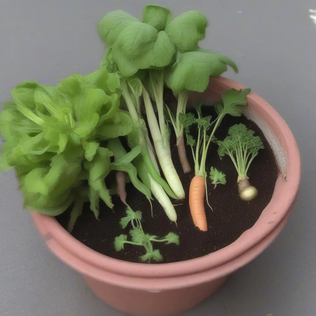 Vegetables growing in plastic pots