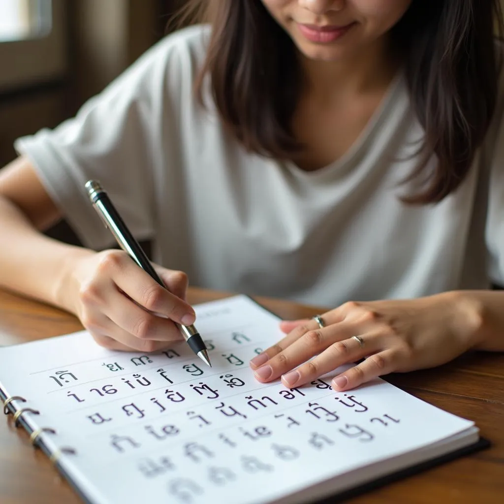 A girl learning Thai alphabet