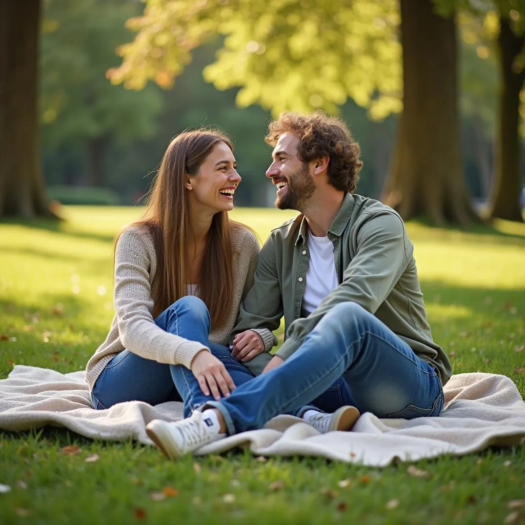 Young couple laughing together in the park