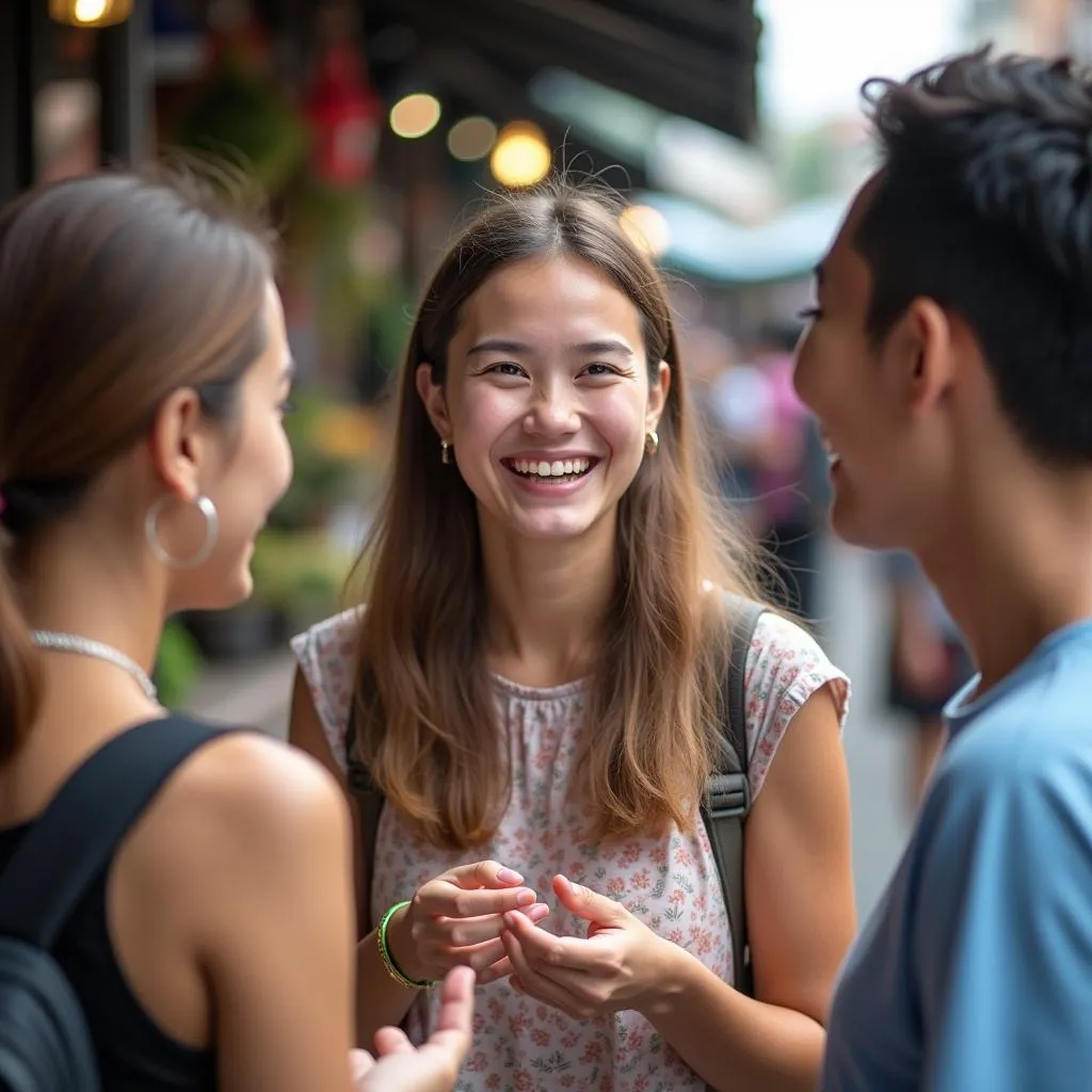 A girl talking to Thai locals