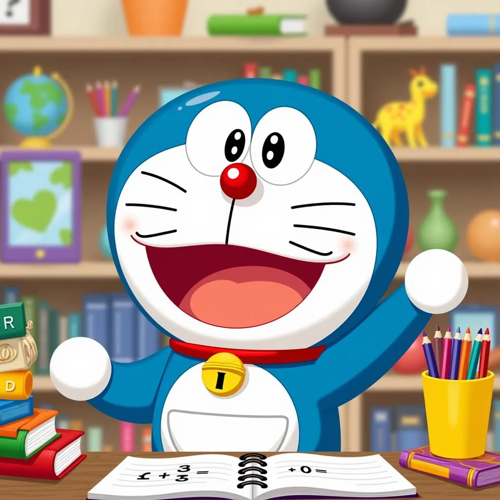 Hình ảnh minh họa Doraemon đang giải toán với một nụ cười