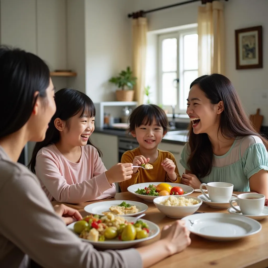 Gia đình nói chuyện bằng tiếng Anh tại bàn ăn