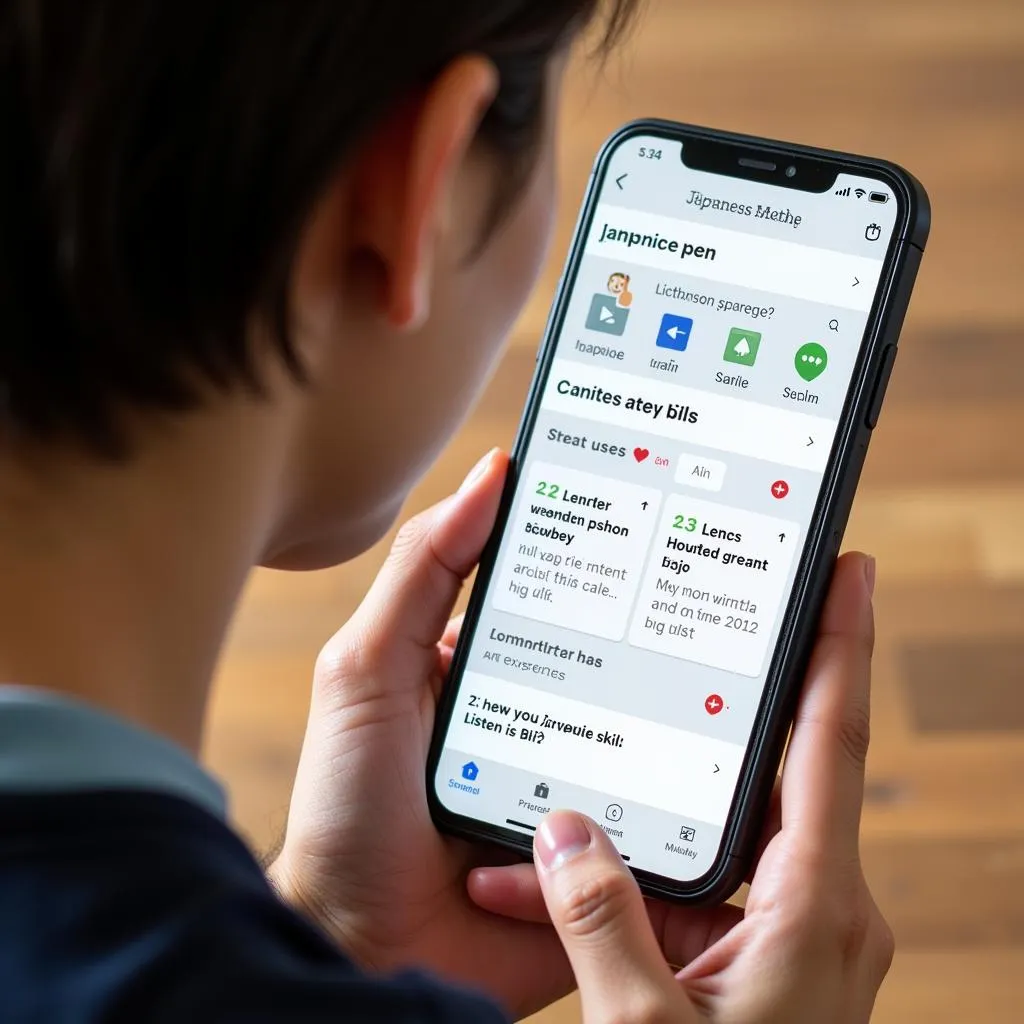 Một người đang sử dụng điện thoại, luyện nghe tiếng Nhật qua ứng dụng