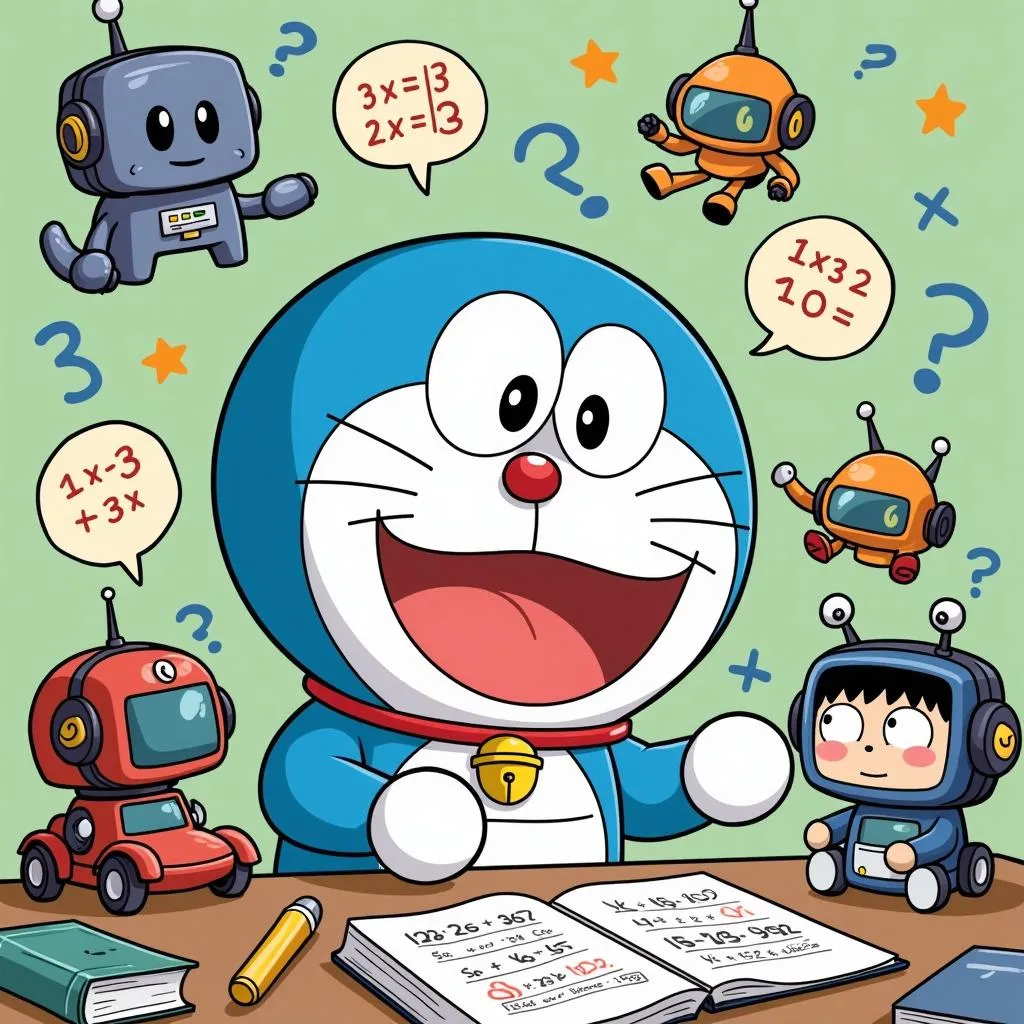 Hình ảnh minh họa Doraemon đang luyện tập giải toán