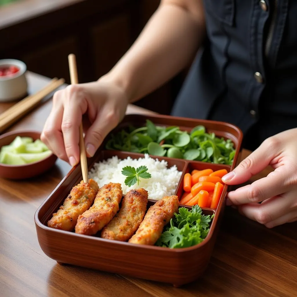 Người phụ nữ Nhật chuẩn bị cơm hộp Bento