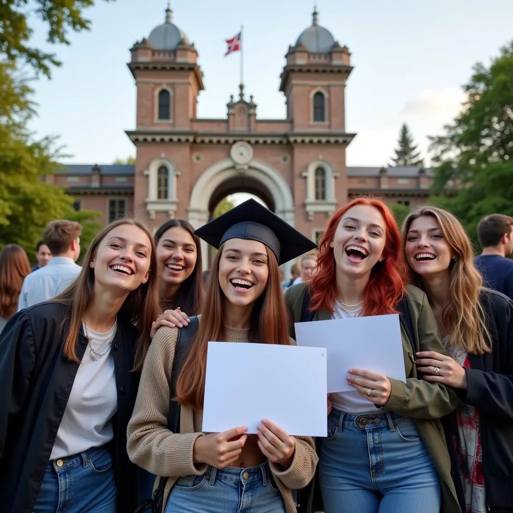 Students celebrate in front of the university gate