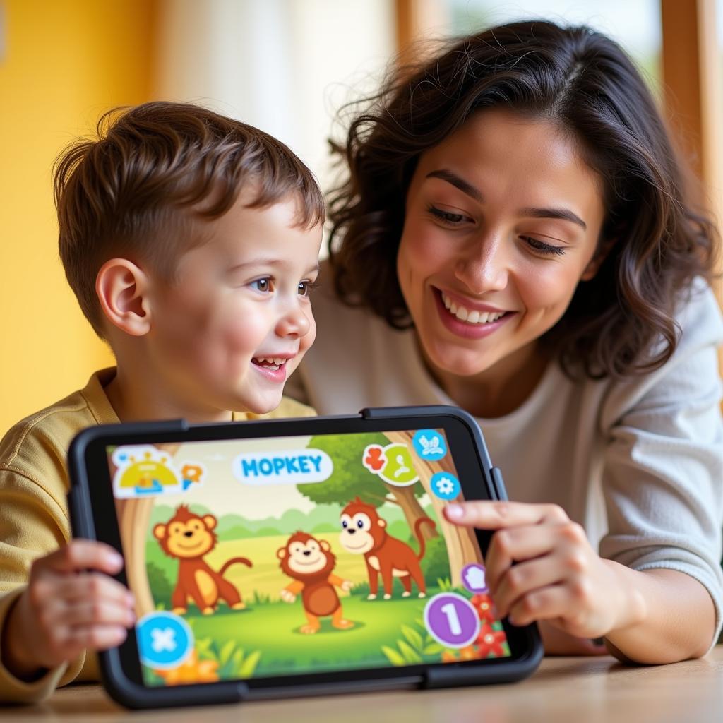 Bé học Monkey Junior Story với mẹ