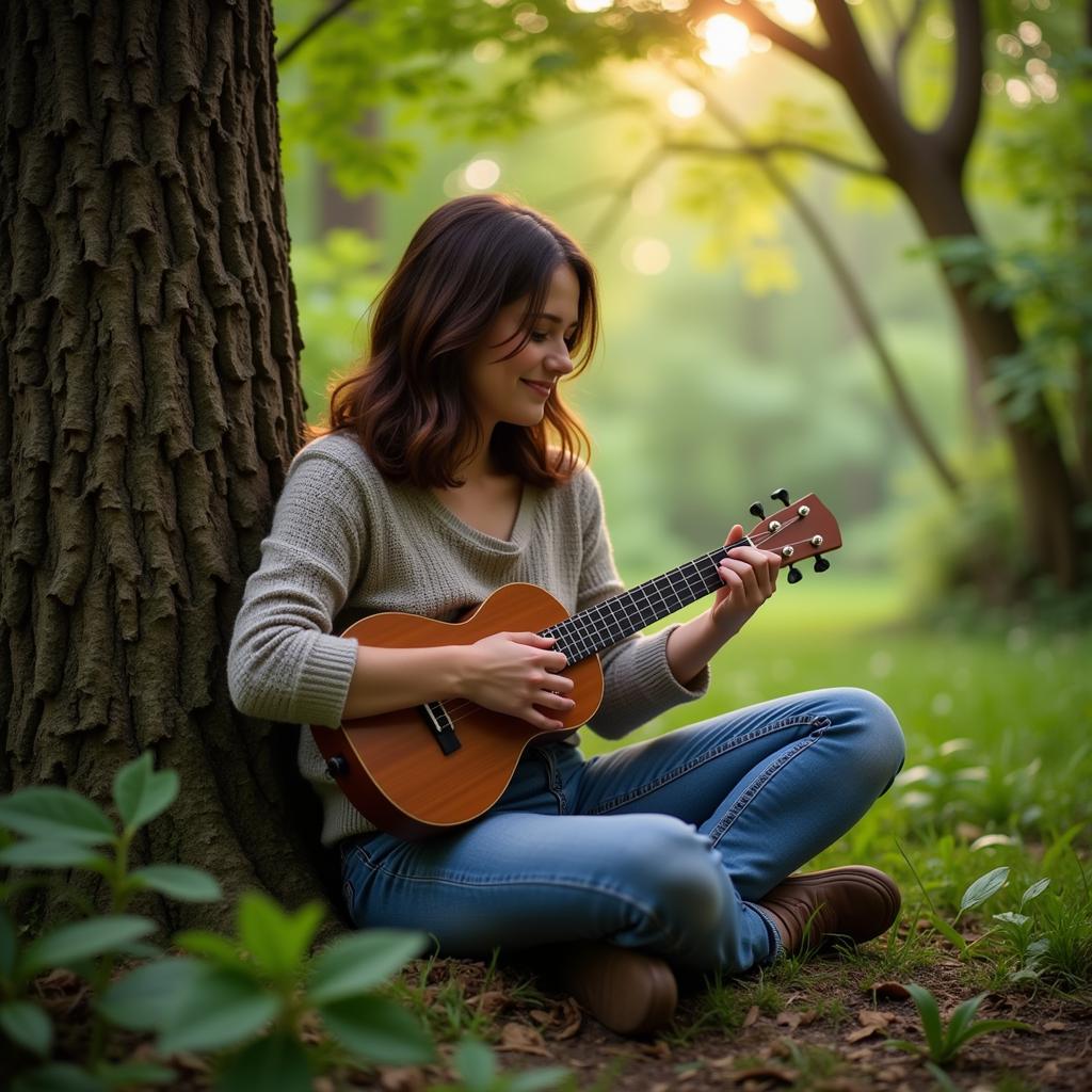 Người chơi ukulele trong không gian yên tĩnh