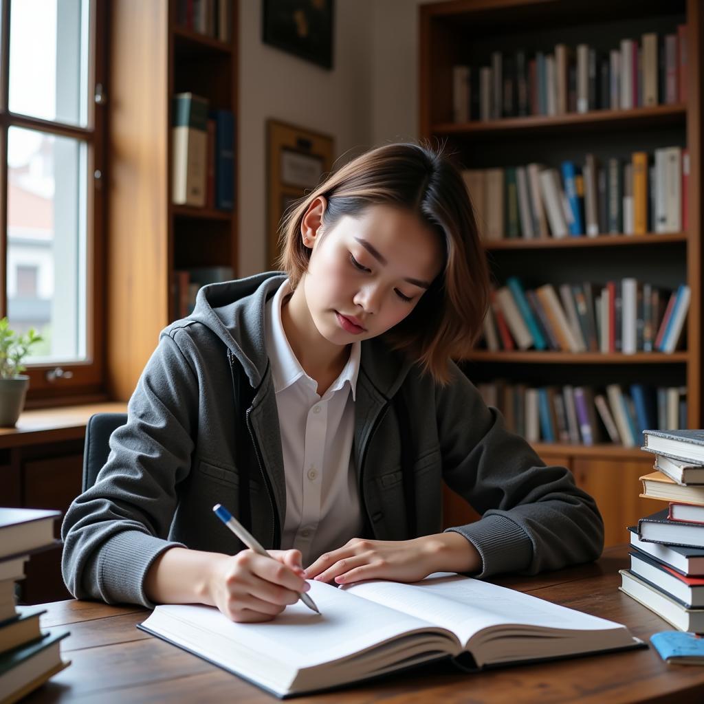 Học sinh giỏi tiếng Anh đang chăm chỉ học bài