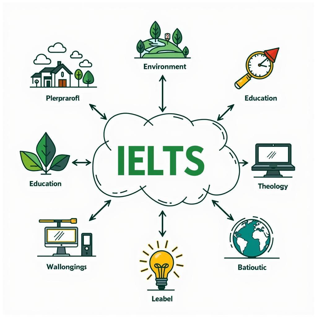 Học từ vựng IELTS theo chủ đề: Hình ảnh minh họa các chủ đề từ vựng IELTS phổ biến như môi trường, giáo dục, công nghệ...